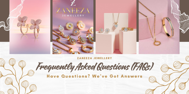 Zaneeza Jewellery FAQs banner highlighting stainless steel jewellery, secure payments, shipping details, return policy, and quality guarantee support