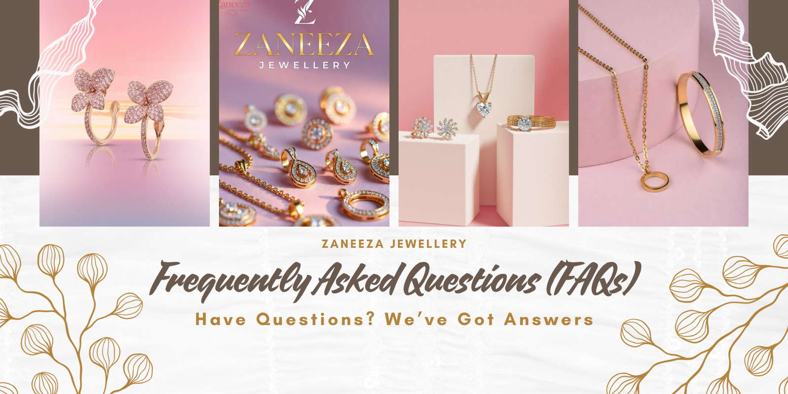 Zaneeza Jewellery FAQs banner highlighting stainless steel jewellery, secure payments, shipping details, return policy, and quality guarantee support