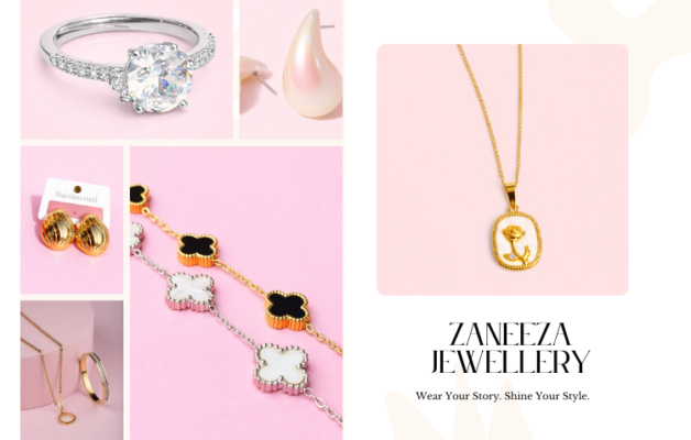 Zaneeza Jewellery gold plated pendant and solitaire ring collection in Pakistan